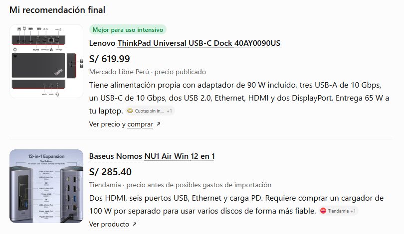 Recomendación del agente: Lenovo ThinkPad Universal USB-C Dock 40AY0090US a S/ 619.99 y Baseus Nomos 12 en 1 a S/ 285.40, con imagen y especificaciones de cada uno