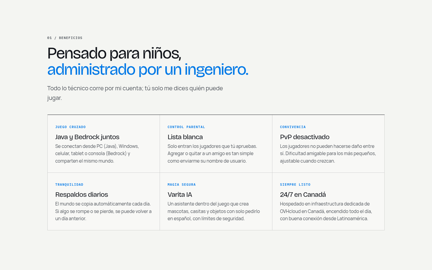Sección de beneficios de la página de Minecraft