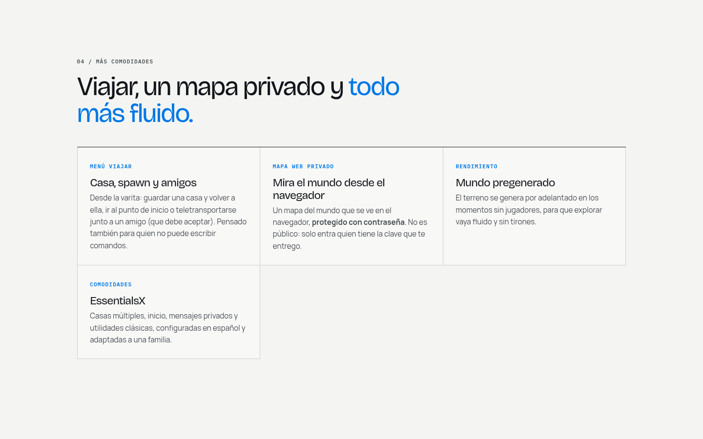 Sección de comodidades y mapa de la página de Minecraft