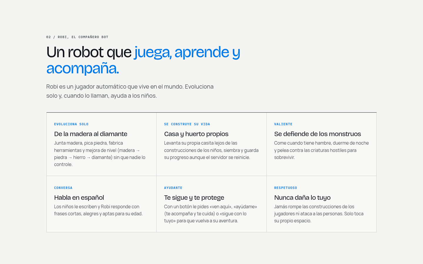 Sección Robi de la página de Minecraft