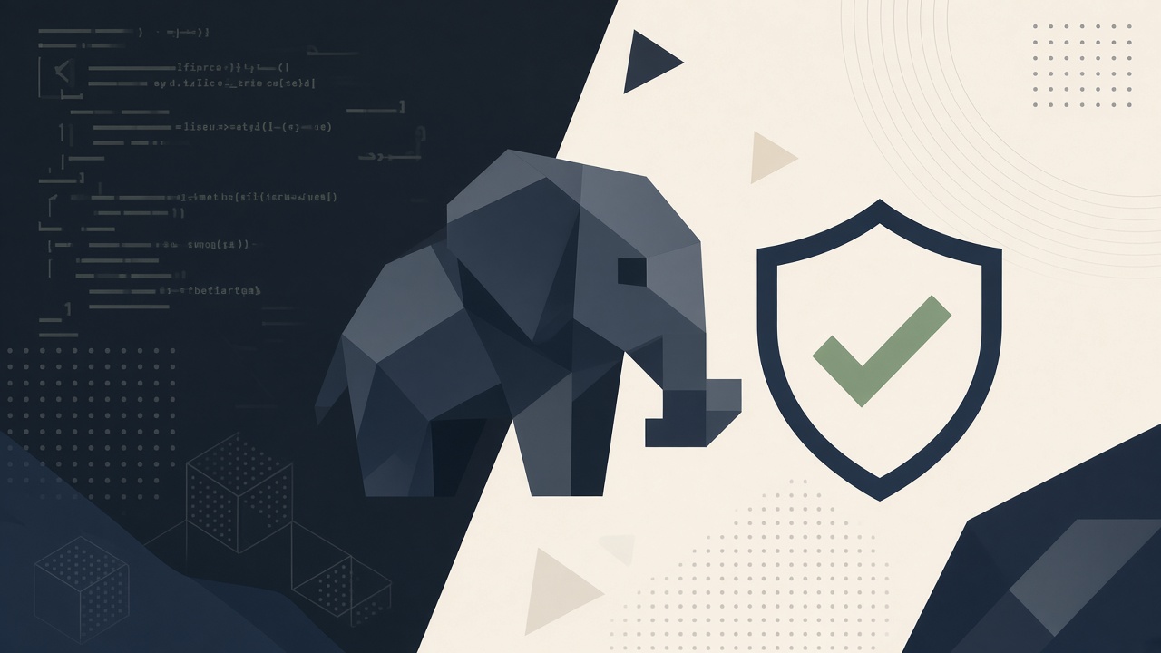 Ilustración: elefante geométrico de PHP junto a un escudo con visto bueno