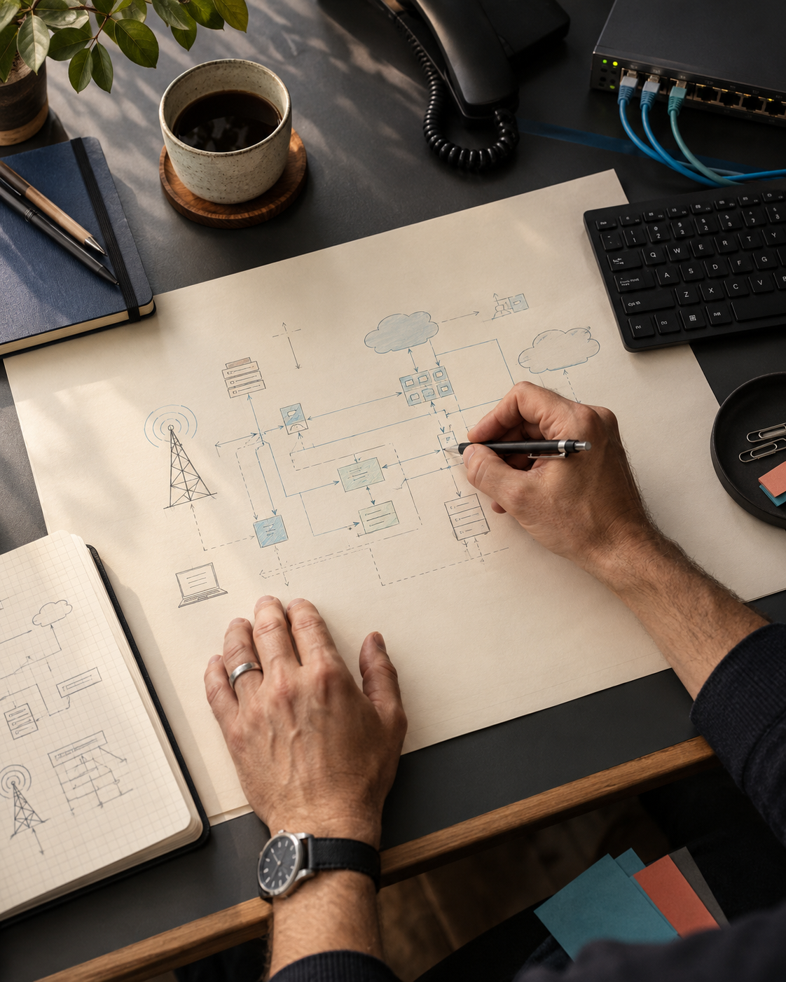 Manos diseñando una arquitectura de comunicaciones sobre papel